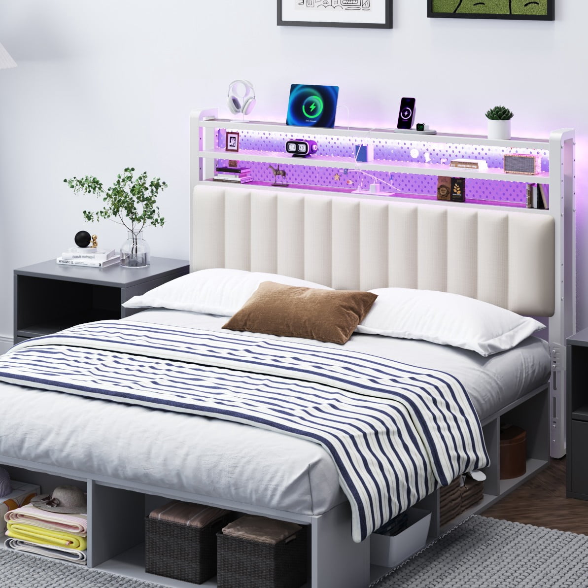 Zimtown Headboard for King Size Bed with Storage, Linen Upholstered ...