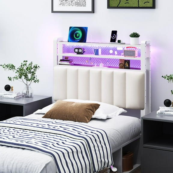 Zimtown Headboard for Twin Size Bed with Storage, Linen Upholstered Head Board with LED Light and Charging Station, White