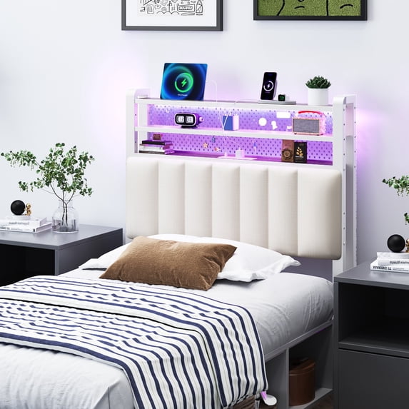 Zimtown Headboard for Twin Size Bed with Storage, Linen Upholstered Head Board with LED Light and Charging Station, White