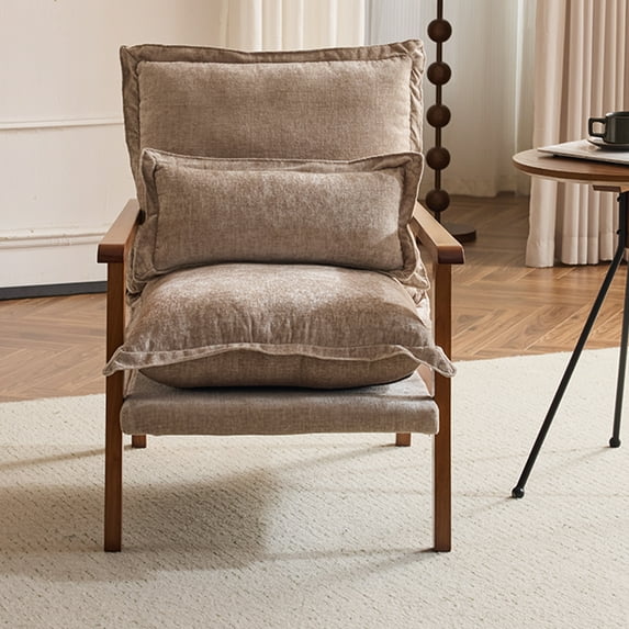Zimtown Home Accent Chair Modern Chenille Solid Wood Armchair with Cushions and Lumbar Pillow, Metal Frame Ideal for Lounge Space, Khaki