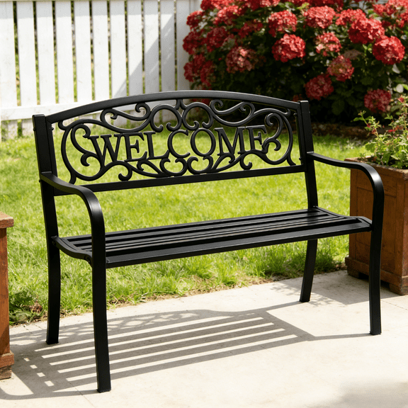 Zimtown 50" Outdoor Bench for Patio Outdoor Bench Iron Park Bench Yard Porch, Black