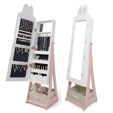 Zimtown Kids Jewelry Armoire, 43.5" Standing Jewelry Organizer for Girls with Full Length Mirror & Fabric Drawer, White