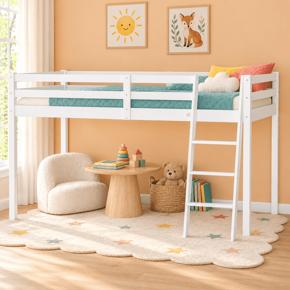 Zimtown Full Size Junior Low Loft Bed with Stairs, White Wood Bunk Bed Frame, No Box Spring Required, White