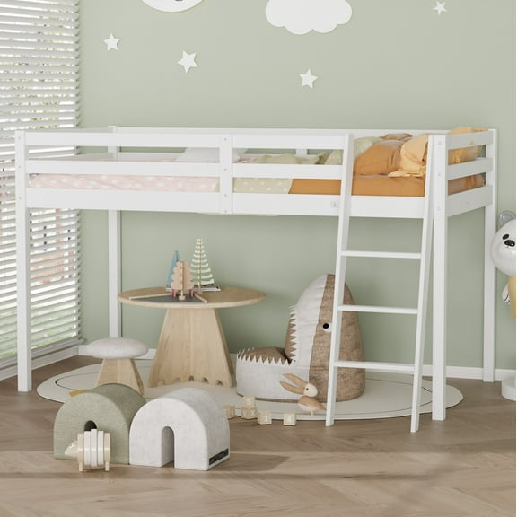 Zimtown Full Size Junior Low Loft Bed with Stairs, White Wood Bunk Bed Frame, No Box Spring Required, White
