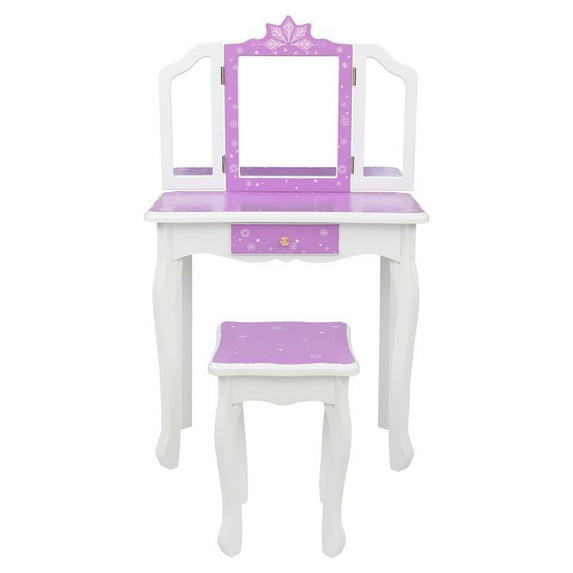 Zimtown Kid's Vanity Table Wooden Makeup Desk W/ Mirror,Stool,Drawer Purple