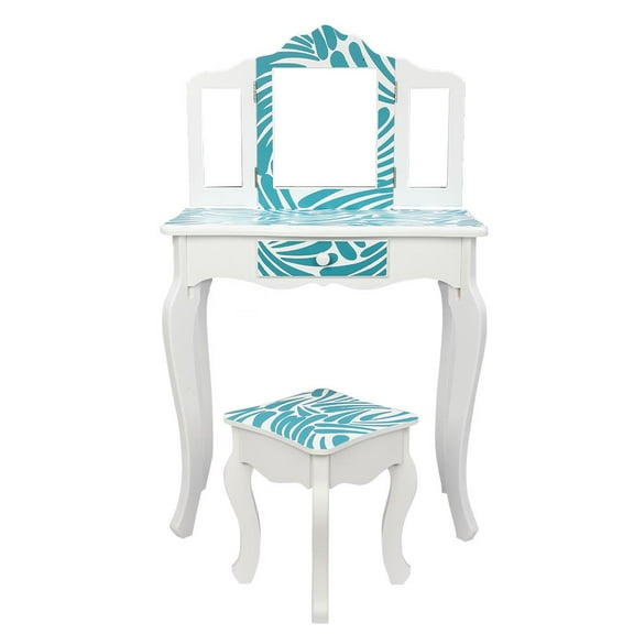 Zimtown Kids Vanity Dressing Table and Stool Set with Three-Fold Mirror, Pretend Beauty Play Set with Real Mirror, Blue