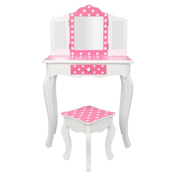 Zimtown Kids Vanity Dressing Table and Stool Set, Pretend Beauty Play Set with Real Mirror, Pink