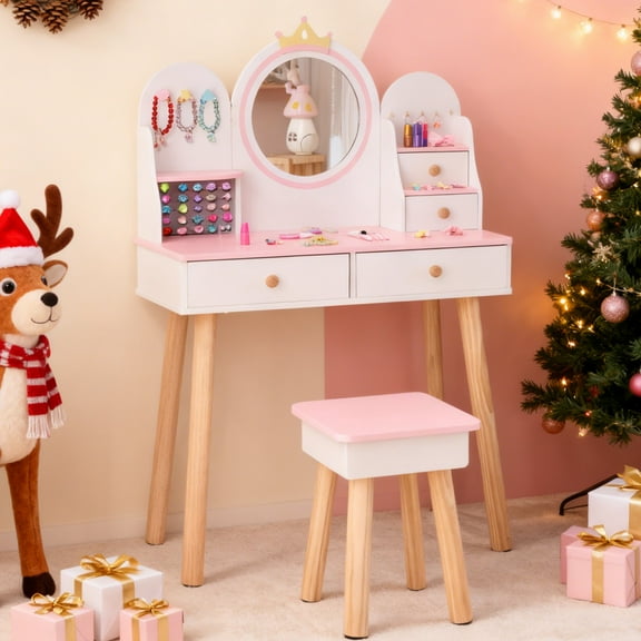 Zimtown Kids Vanity, Girl's Makeup Desk, Princess Play Table for Little Girl, White+Pink