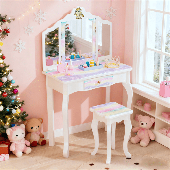 Zimtown Kids Vanity, Girls Pretend Play Makeup Table Set, Princess Toy Furniture, White