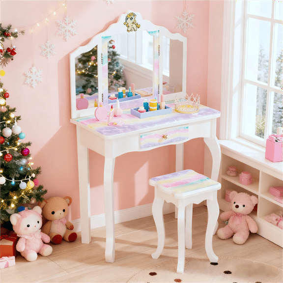 Zimtown Kids Vanity, Girls Pretend Play Makeup Table Set, Princess Toy Furniture, White