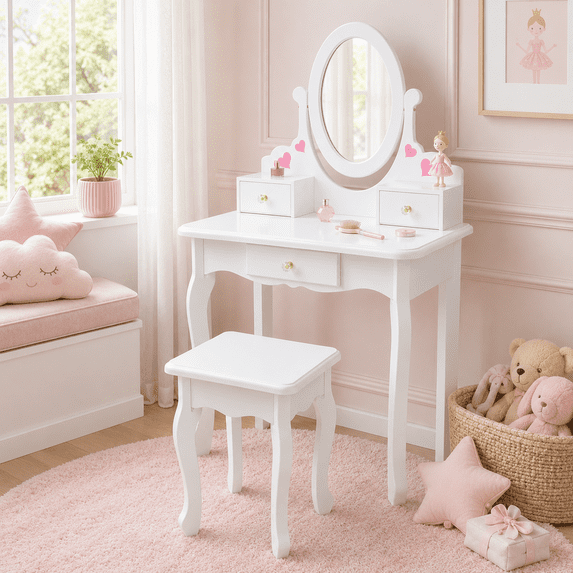 Zimtown Kids Vanity Princess Dressing Table and Stool Set with Mirror,White