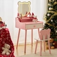 thumbnail image 1 of Zimtown Kids Vanity Princess Dressing Table with 3 Color LED Light, Play Toy Makeup Vanity Set with Bear-Shaped Mirror, Girls Gift, Pink, 1 of 16