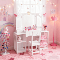 Zimtown Kids Vanity Set with Folding Mirror and Chair, Wooden Makeup Vanity Desk for Girls, 2 in 1 Detachable Design, White