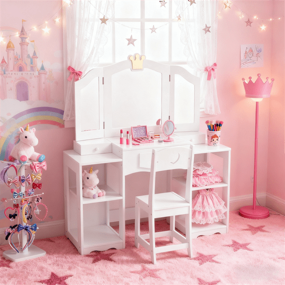 Zimtown Kids Vanity Set with Folding Mirror and Chair, Wooden Makeup Vanity Desk for Girls, 2 in 1 Detachable Design, White