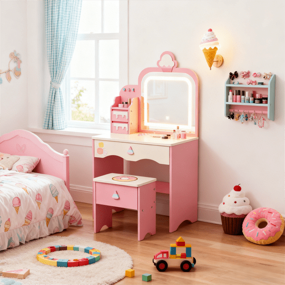 Zimtown Kids Vanity Set with Lighted Mirror & Drawers, Pretend Play Makeup Table, Ice Cream Design Elements, Pink