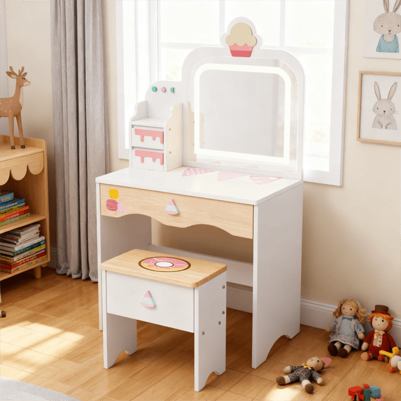 Zimtown Kids Vanity Set with Lighted Mirror & Drawers, Pretend Play Makeup Table, Ice Cream Design Elements, White