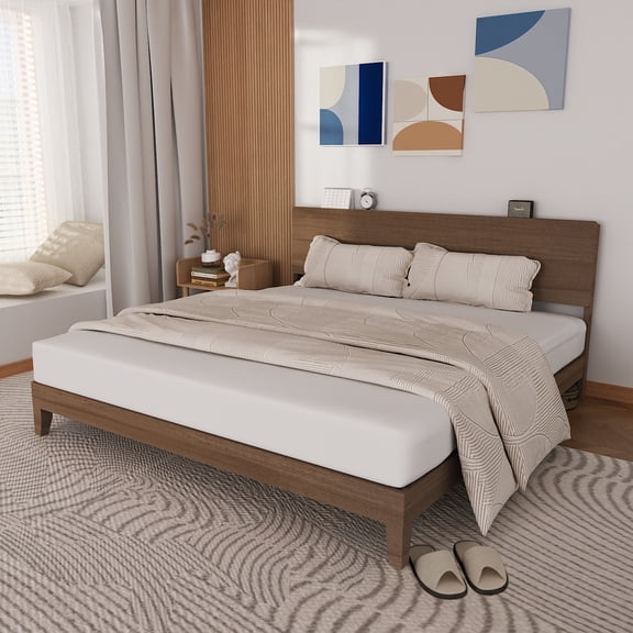 Zimtown King Bed Frame,Solid Pine Wood Platform Bed with Headboard, Rustic Walnut