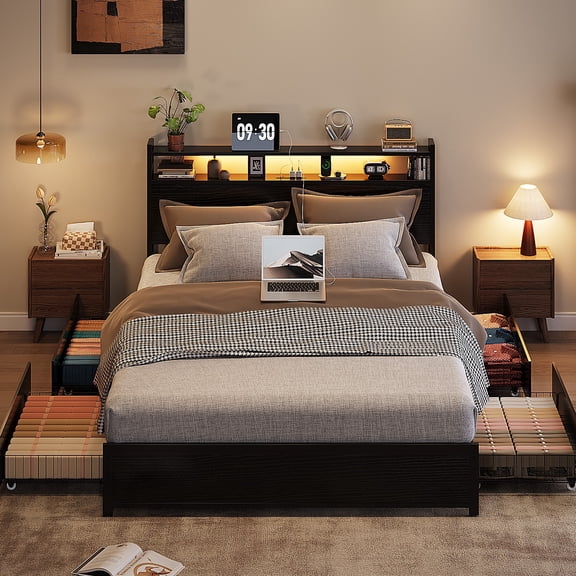 Zimtown King Bed Frame with 2-Tier Storage Headboard, Metal Platform Bed Frame with 4 Storage Drawers, Built in Charging Station & LED, Black