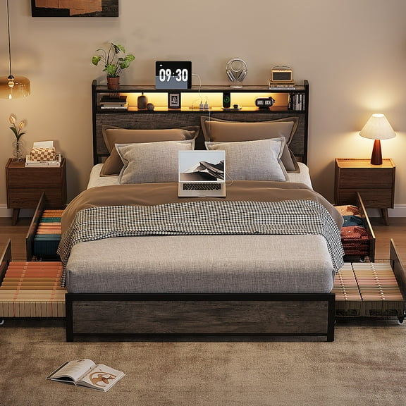 Zimtown King Bed Frame with 2-Tier Storage Headboard, Metal Platform Bed Frame with 4 Storage Drawers, Built in Charging Station & LED, Gray