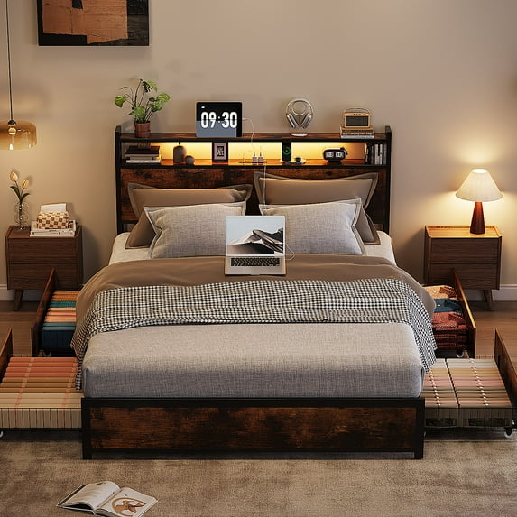 Zimtown King Bed Frame with 2-Tier Storage Headboard, Metal Platform Bed Frame with 4 Storage Drawers, Built in Charging Station & LED, Vintage Brown