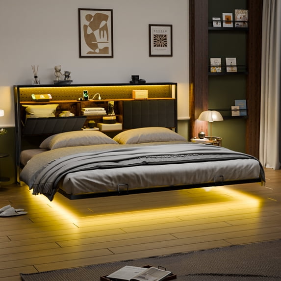 Zimtown King Floating Bed Frame, Platform Bed with Charging Station, No Box Spring Needed, Black