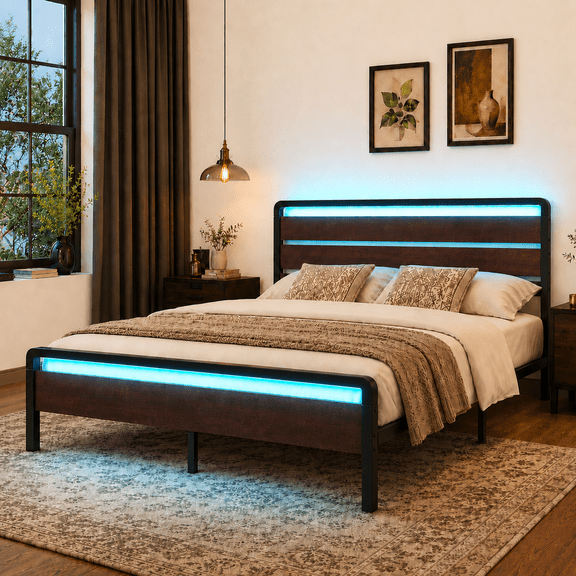 Zimtown King Platform Bed Frame with 12-Inch Under-Bed Storage, LED Lighted Headboard & Footboard, Modern Apartment Bedroom,Rustic Red Brown