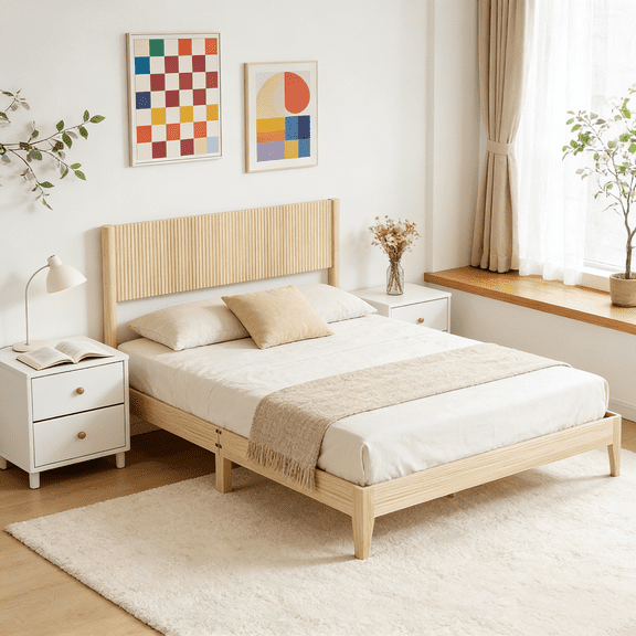 Zimtown King Wood Platform Bed Frame with Flutted Headboard, Sturdy Solid Slats & Under Bed Storage, Wood Color