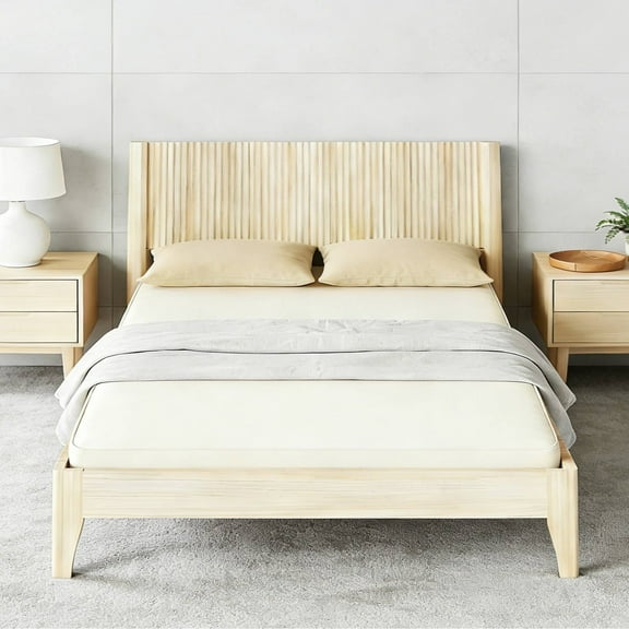 Zimtown King Wood Platform Bed Frame with Flutted Headboard, Sturdy Solid Slats & Under Bed Storage, Wood Color