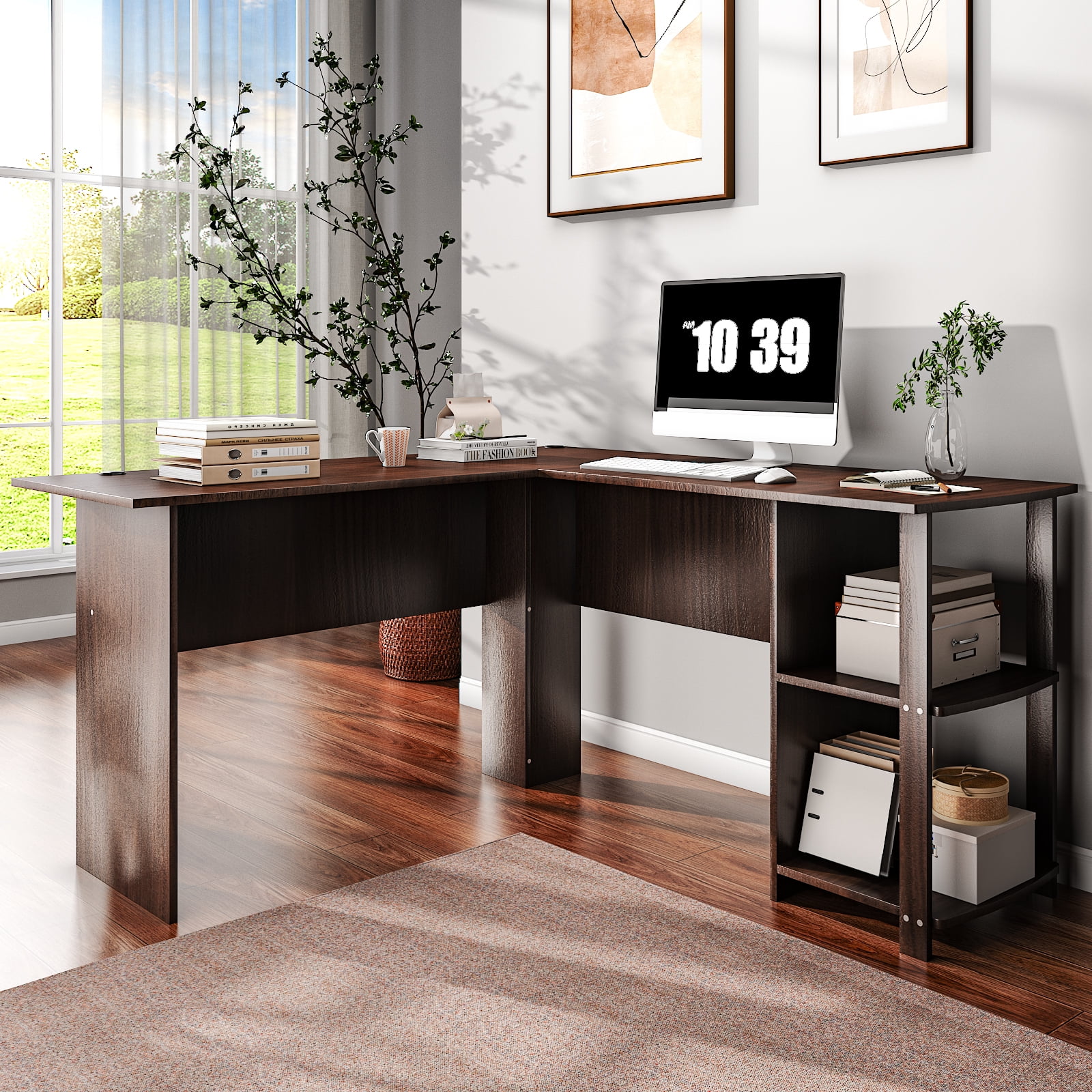 FCH L-Shaped Computer Desk Workstation Laptop PC Table Shelves Office Furniture Dark Brown