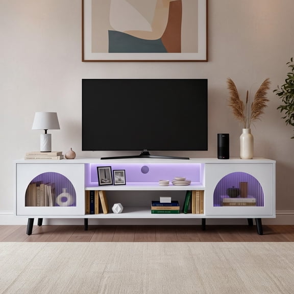 Zimtown LED TV stand for 65 inch TV, 63" Gaming Console Stand with Storage and Display Fluted Doors, Television Stand for Apartment, Living Room, Modern White
