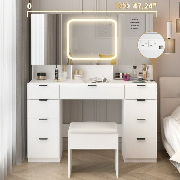 Zimtown Large 47.24" Makeup Vanity Table Set with Hidden Mirror Storage, Dressing Table w/Charging Station, Girls, Female Gift, White