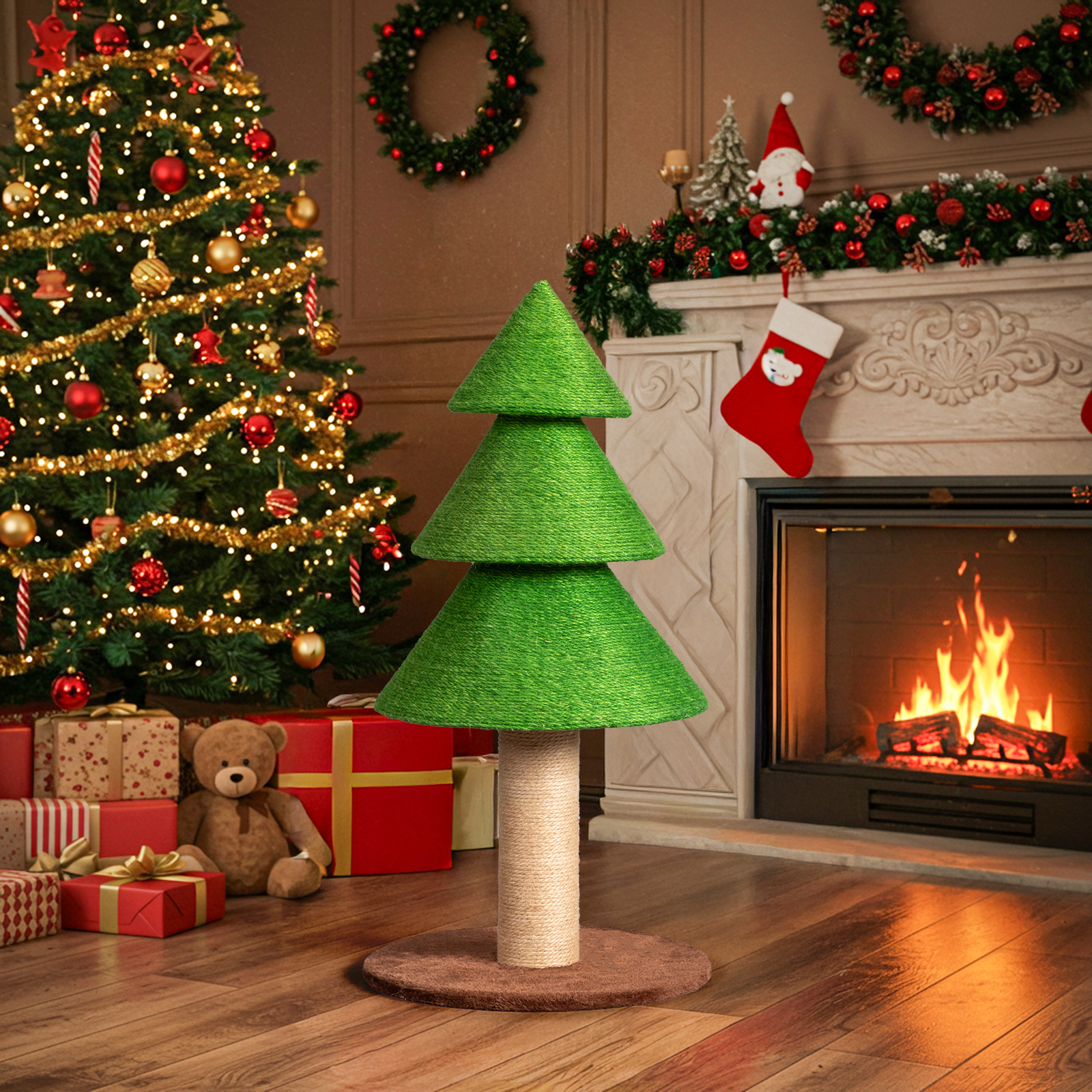 Zimtown Large Christmas Tree Cat Scratching Post, 31.5-Inch Tall Sisal Scratcher for Indoor Cats, with Toy Ball, Green