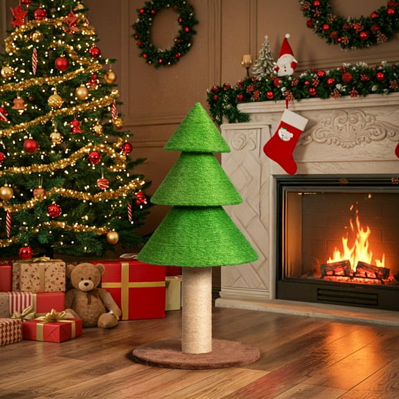 Zimtown Large Christmas Tree Cat Scratching Post, 31.5-Inch Tall Sisal Scratcher for Indoor Cats, with Toy Ball, Green