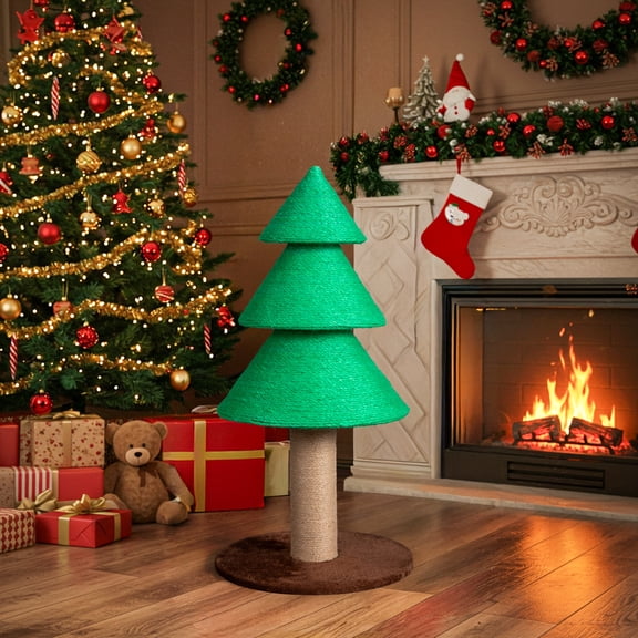 Zimtown Large Christmas Tree Cat Scratching Post, 31.5-Inch Tall Sisal Scratcher for Indoor Cats, with Toy Ball, Green