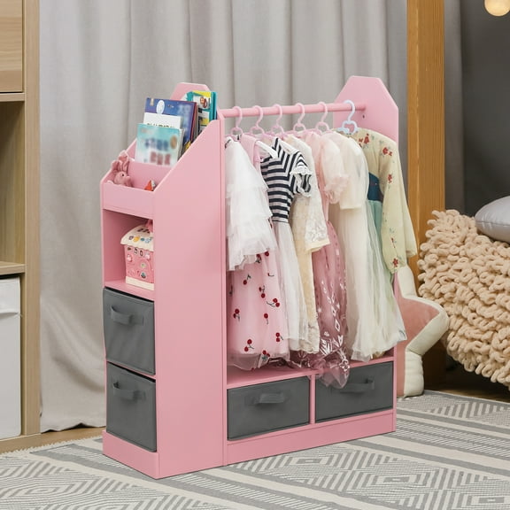Zimtown Large Dress up Storage w/ Mirror & Bookshelves, Kids Costume Organizer Portable Storage Closet w/ Hanging Clothing Rack Rod & 4 Drawers, Open Storage Space for Children Bedroom Party Nursery,