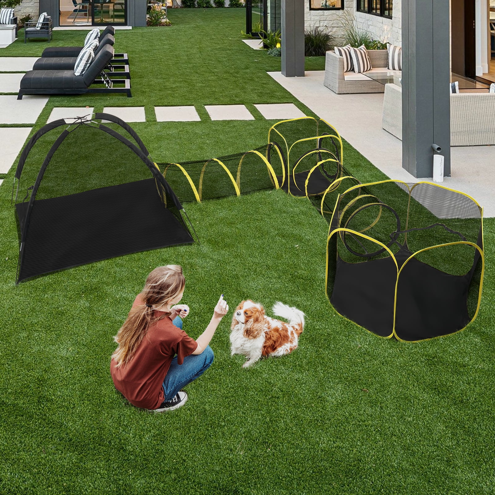 Zimtown 2-in-1 Outdoor Cat Playpen Puppy Playpen, Large Enclosure with Tunnel & Portable Tent for Pets, Yellow