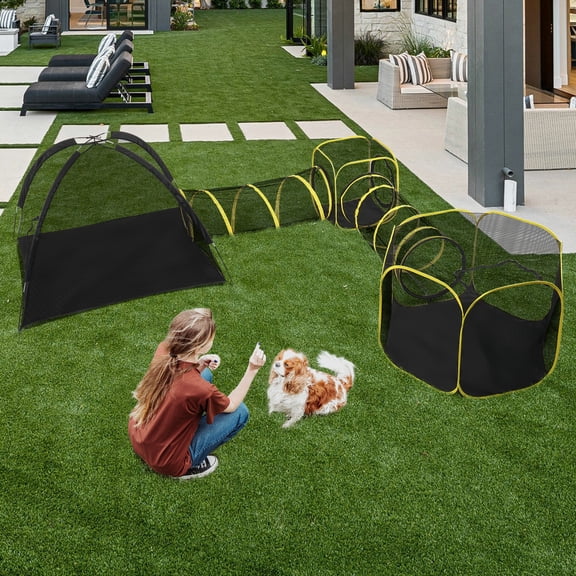 Zimtown 2-in-1 Outdoor Cat Playpen Puppy Playpen, Large Enclosure with Tunnel & Portable Tent for Pets, Yellow