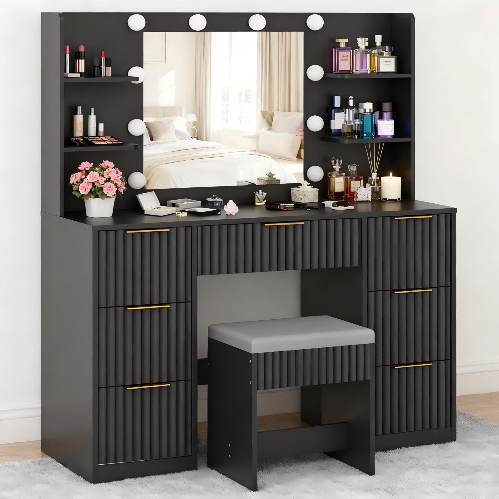 Zimtown Lighted Makeup Vanity Desk with Mirror and Charging Station, Vanity Table with 7 Drawers & 4 Storage Shelves for Dressing Room Bedroom, Black