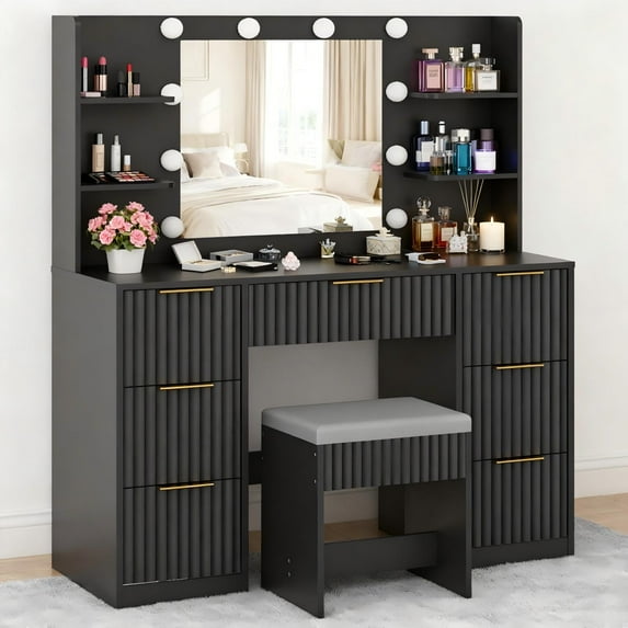 Zimtown Lighted Makeup Vanity Desk with Mirror and Charging Station, Vanity Table with 7 Drawers & 4 Storage Shelves for Dressing Room Bedroom, Black
