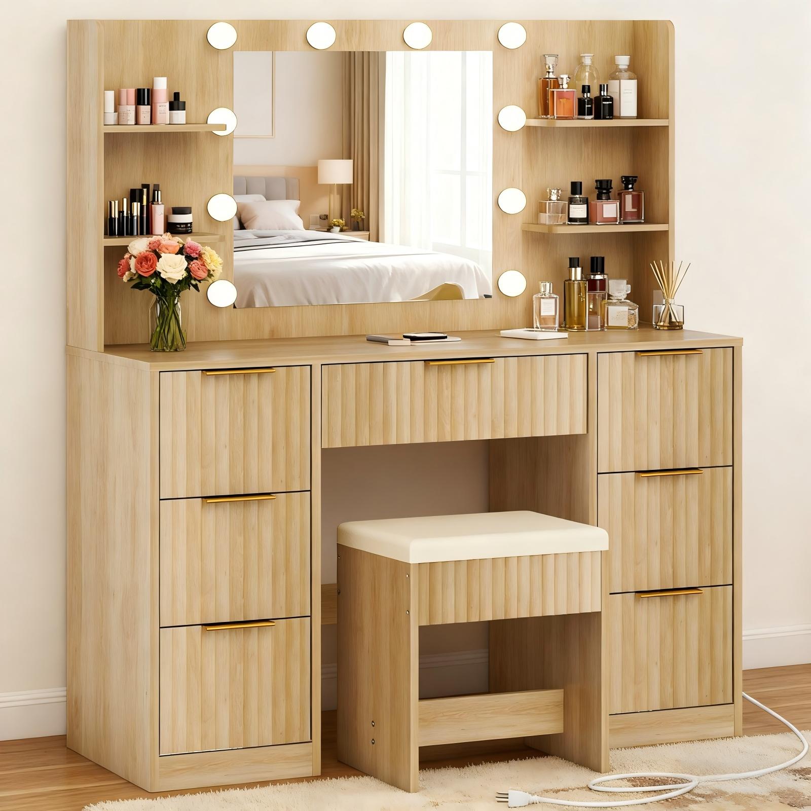 Zimtown Lighted Makeup Vanity Desk with Mirror and Charging Station, Vanity Table with 7 Drawers & 4 Storage Shelves for Dressing Room Bedroom, Oak