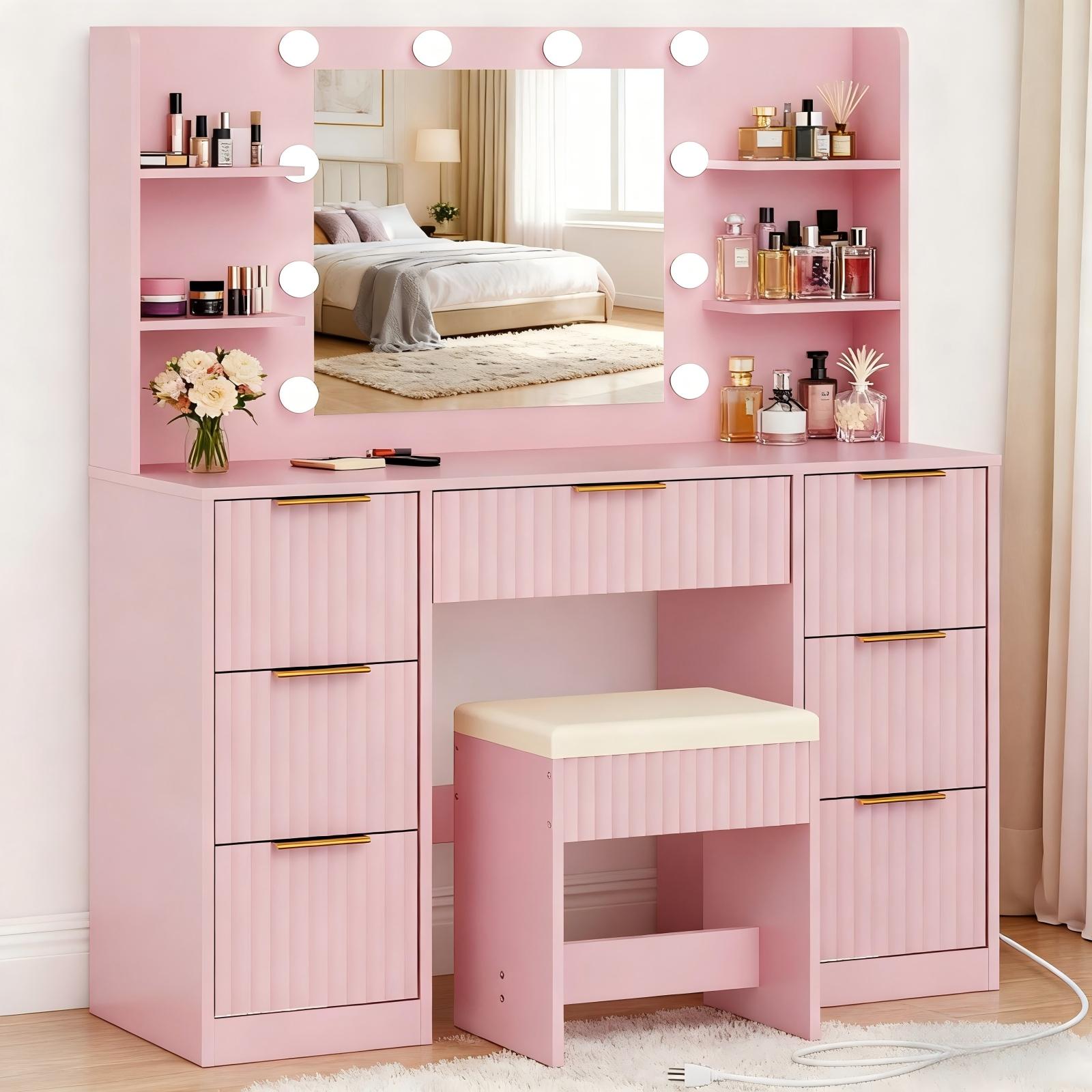 Zimtown Lighted Makeup Vanity Desk with Mirror and Charging Station, Vanity Table with 7 Drawers & 4 Storage Shelves for Dressing Room Bedroom, Pink