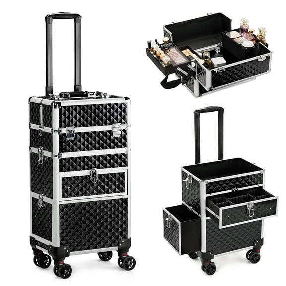 Zimtown Lockable Aluminum 3 in 1 Rolling Makeup Trolley Train Case Box, Black