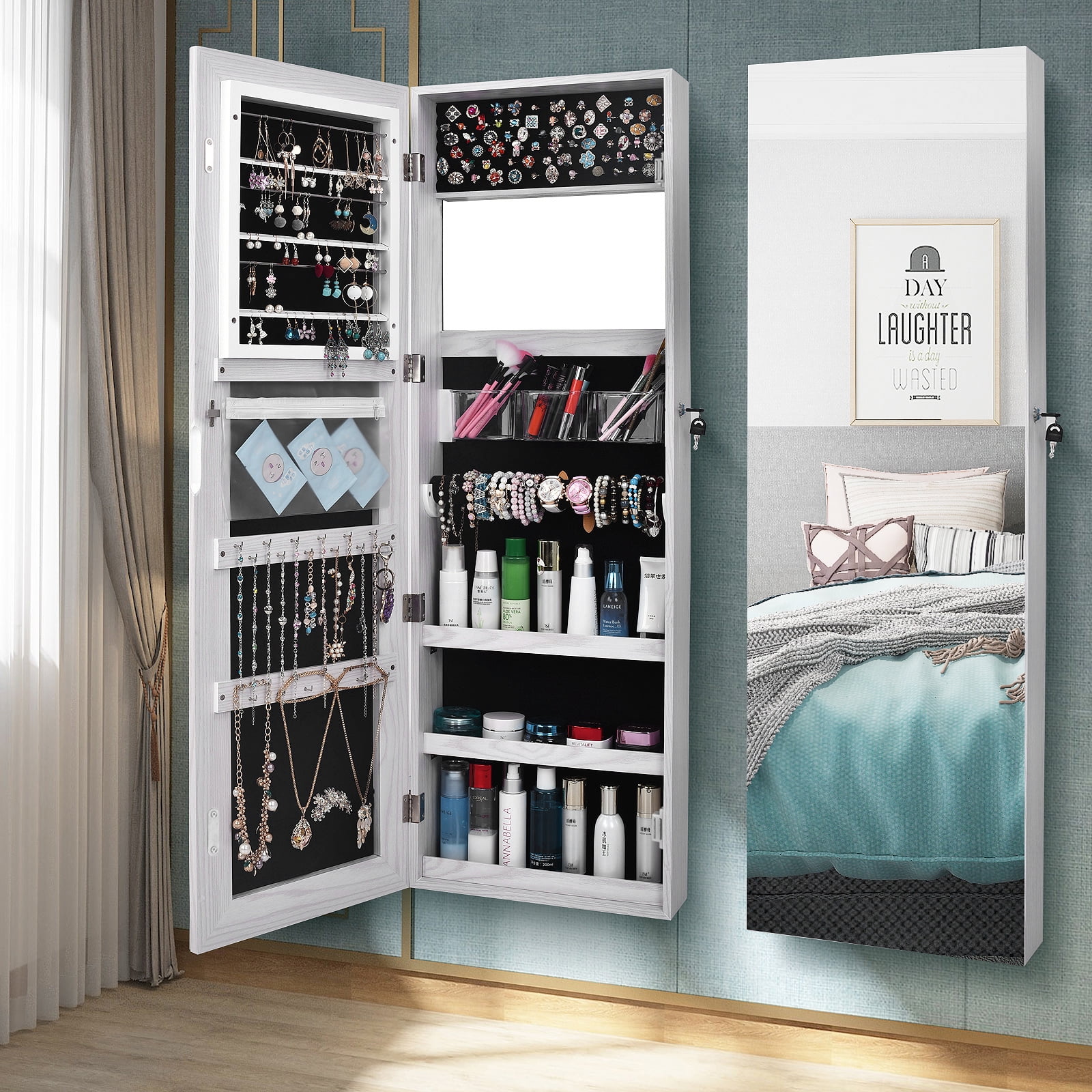 Wall mounted jewelry cabinet with mirror discount