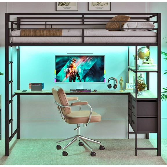 Zimtown Loft Bed Frame with L Shaped Desk and 15" Height Safety Guardrail, Bunk Bed w/ LED Light and Charging Station, Black
