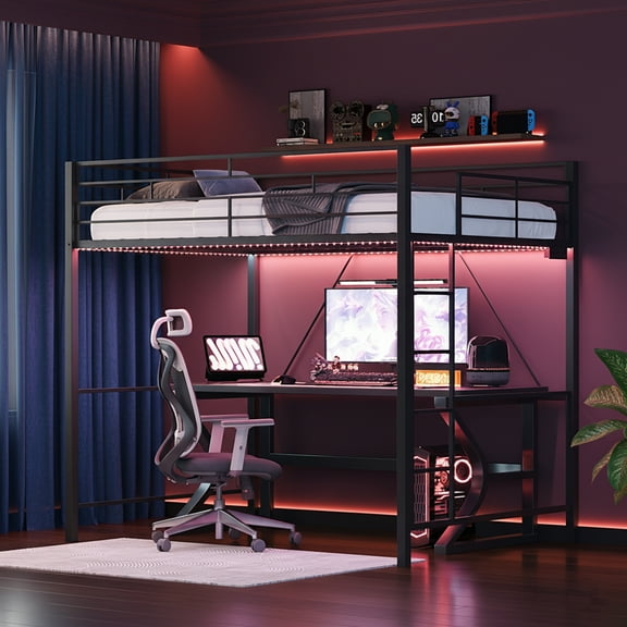 Zimtown Loft Bed Full Size with LED and Charging Station, Metal Bunk Bed Frame,Heavy Duty Metal Slat Support,Black