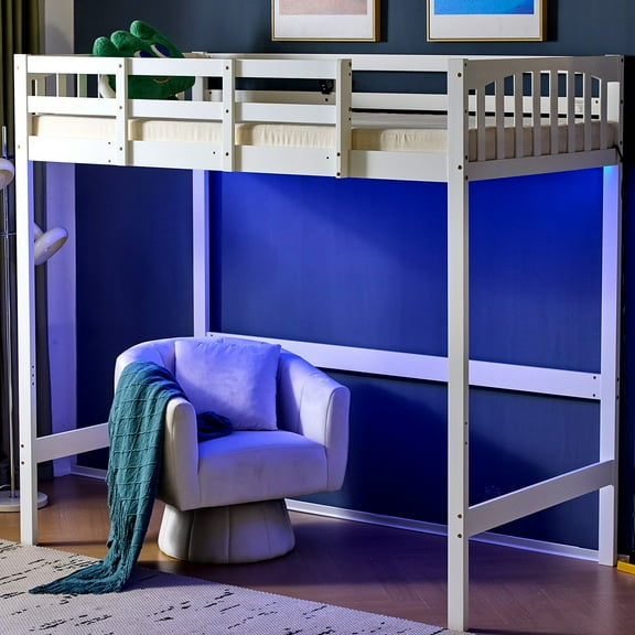 Zimtown Loft Bed Twin Size with USB Charging Station/LED, Solid Wood Bunk Bed Frame with Flat Rungs, White