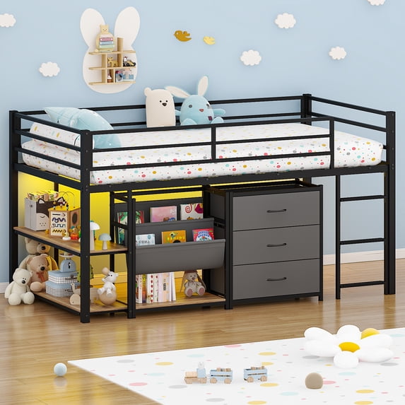 Zimtown Twin Size Low Loft Bed with Storage Drawer and Shelf, Floor Bunk Bed Frame with LED Light, Black