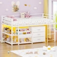 thumbnail image 1 of Zimtown Twin Size Low Loft Bed with Storage Drawer and Shelf, Floor Bunk Bed Frame with LED Light, White, 1 of 10