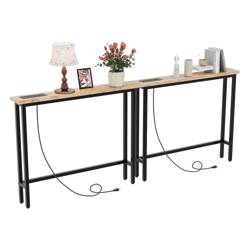 Zimtown Long Console Table with 2 Outlet and USB, Narrow Sofa Table for Living Room, 78" Narrow Entryway Table, Walnut