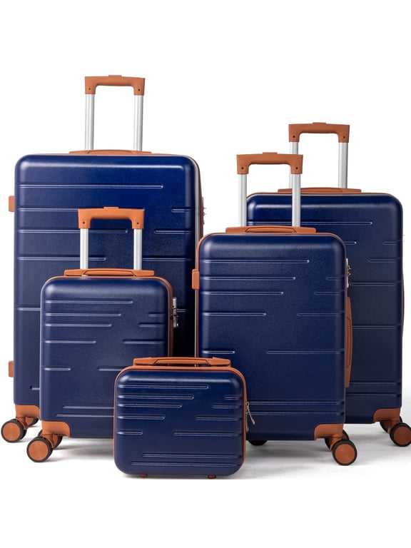 Luggage 5 Piece Sets Suitcase ABS Hardside with Spinner Wheels and TSA Lock, Navy Blue